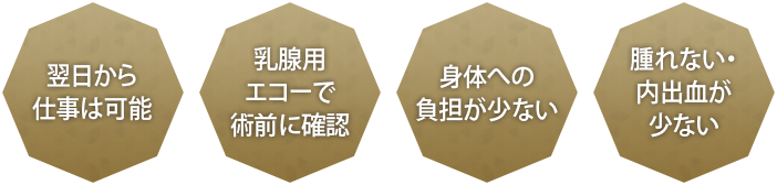 翌日から仕事は可能　乳腺用エコーで術前に確認　身体への負担が少ない　腫れない・内出血が少ない