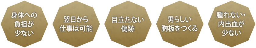 身体への負担が少ない　翌日から仕事は可能　目立たない傷跡　男らしい胸板をつくる　腫れない・内出血が少ない