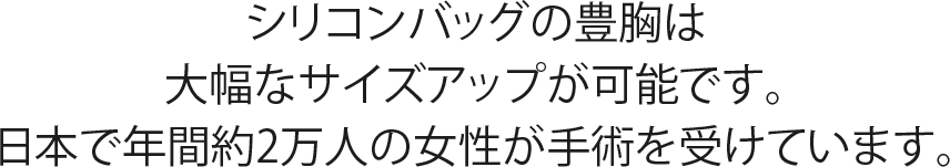 シリコンバッグの豊胸は大幅なサイズアップが可能です。日本で年間約2万人の女性が手術を受けています。